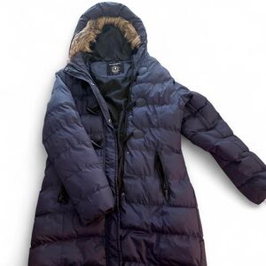 Brave Soul Dark Blue Puffer Jacket with Faux Fur Hood Size Medium